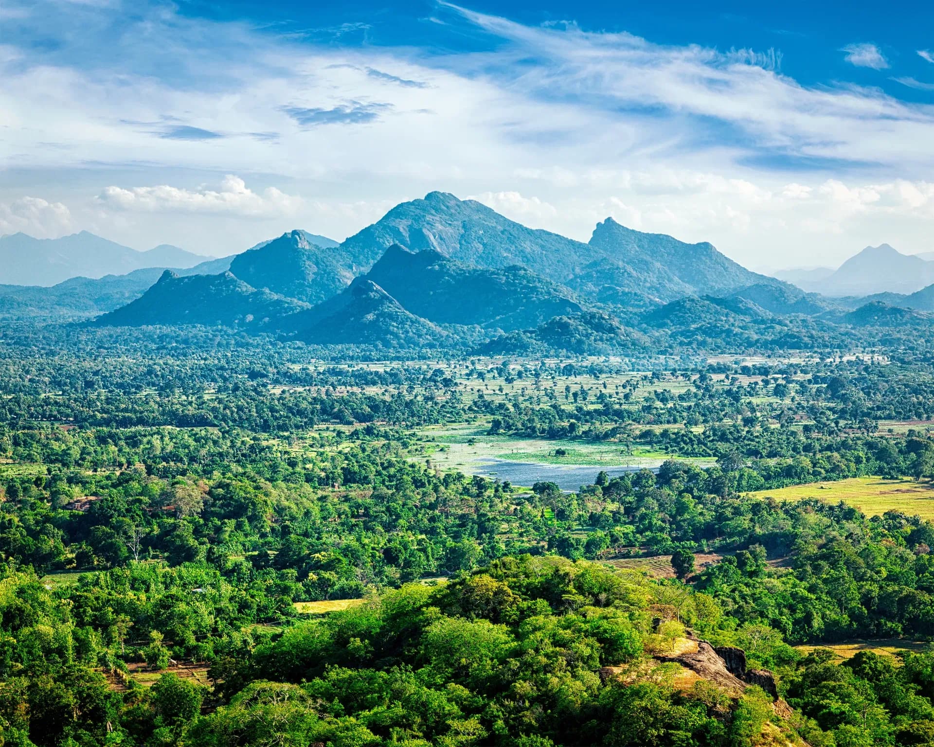 Sigiriya Lion Rock fortress surrounded by lush green landscape